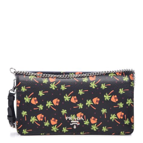 PRADA Saffiano Palm Tree Print Chain Wallet Black